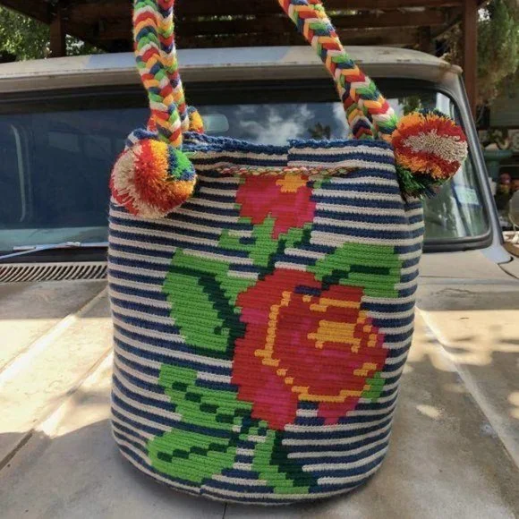 Wayuu Striped Rose Braided Handle Tote Bag Colombi